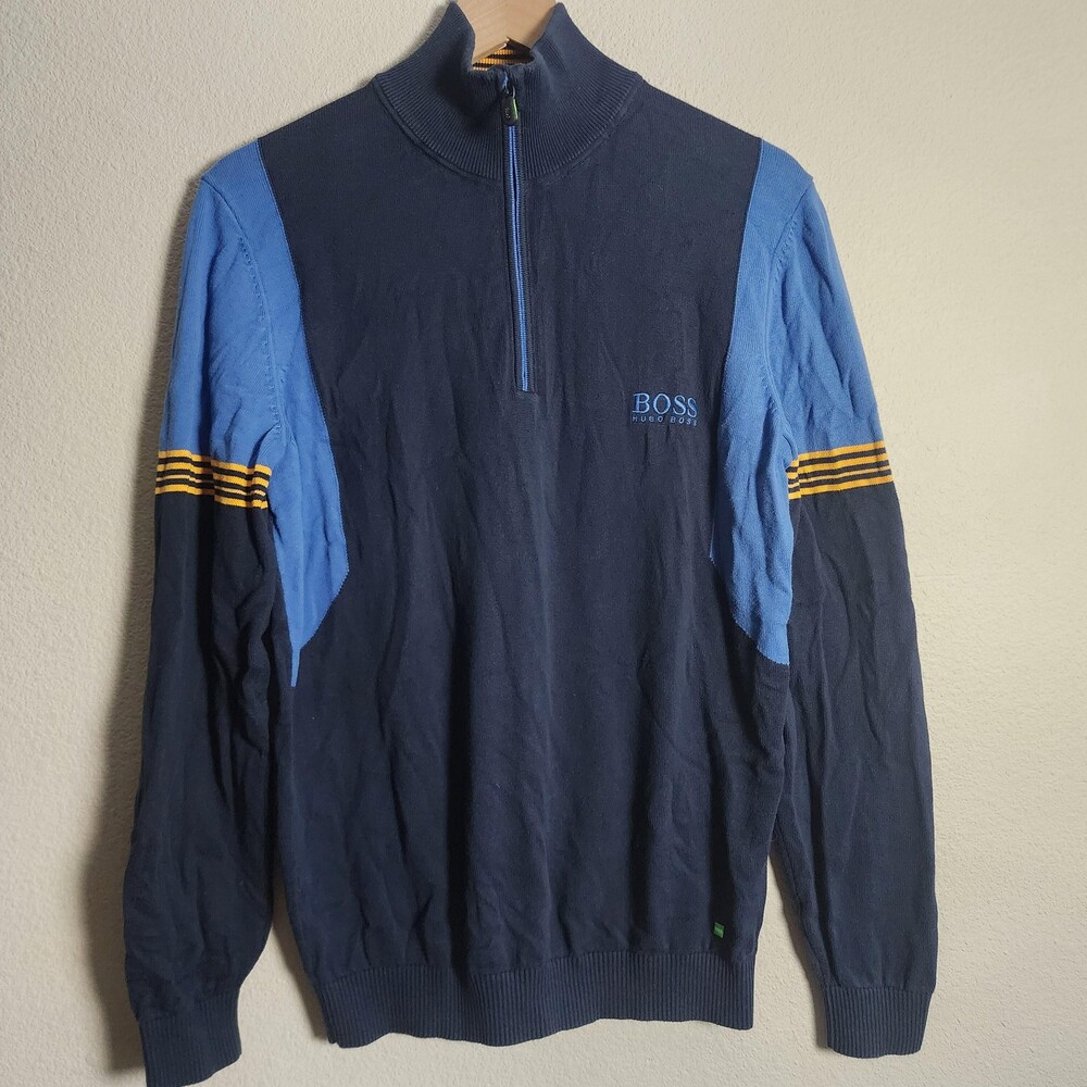Hugo Boss Sweater Mens Medium Blue 1/2 Zip Neck Stripe Water Repellent Pullover